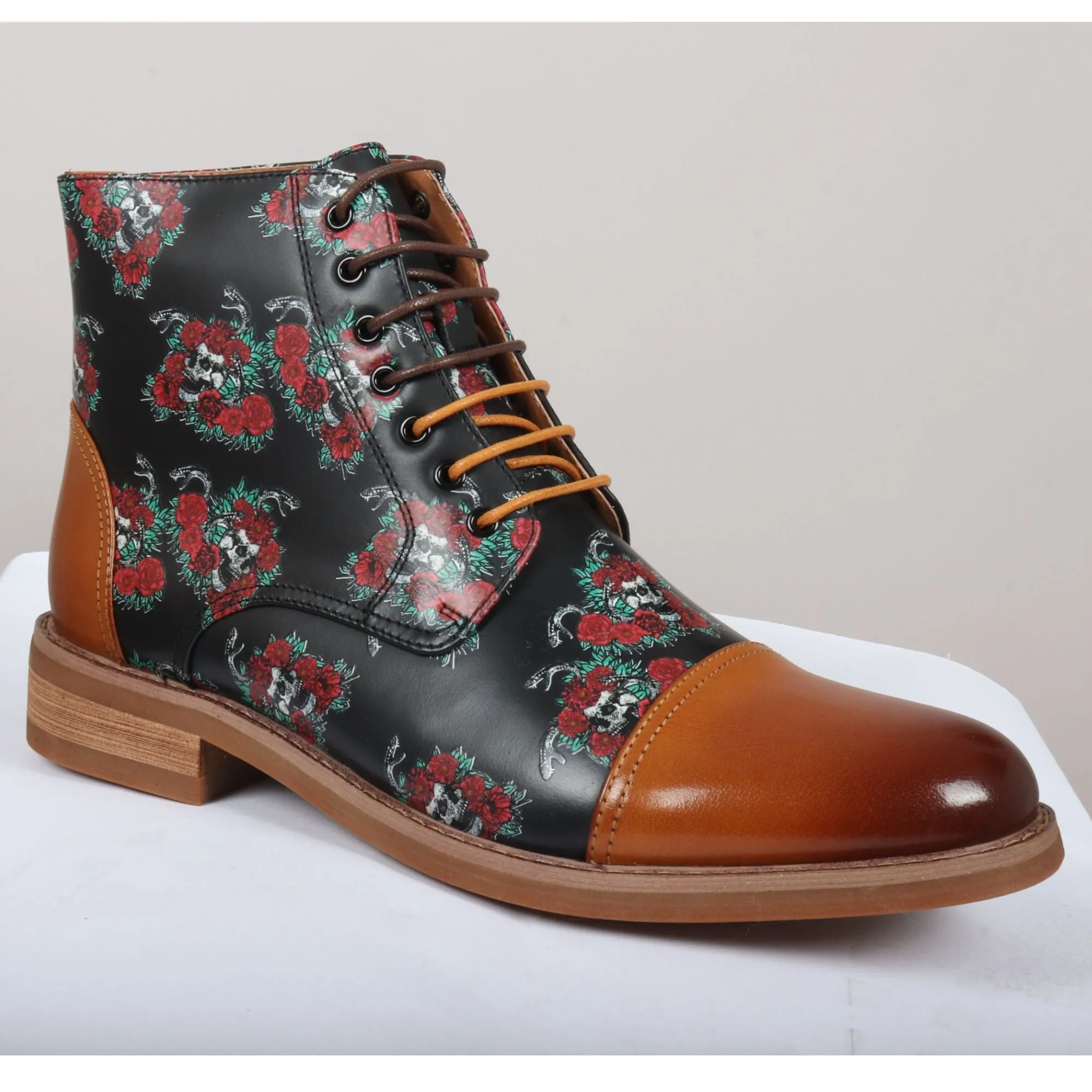Adam Oxford Floral Skull Print Lace Up Leather Dress Ankle Boots