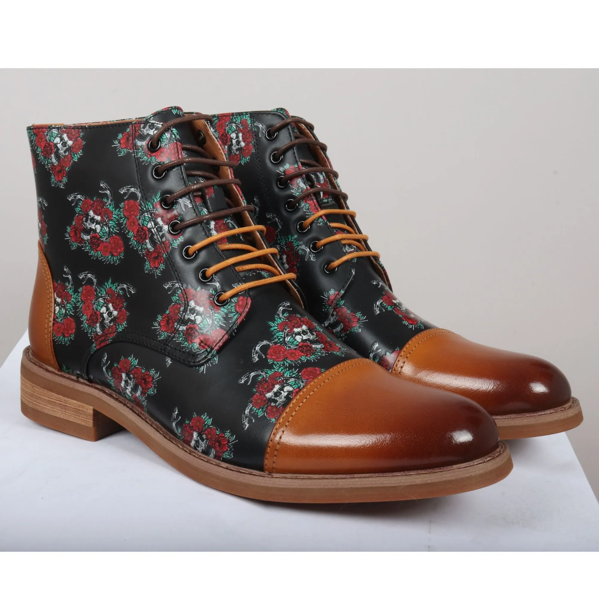 Adam Oxford Floral Skull Print Lace Up Leather Dress Ankle Boots