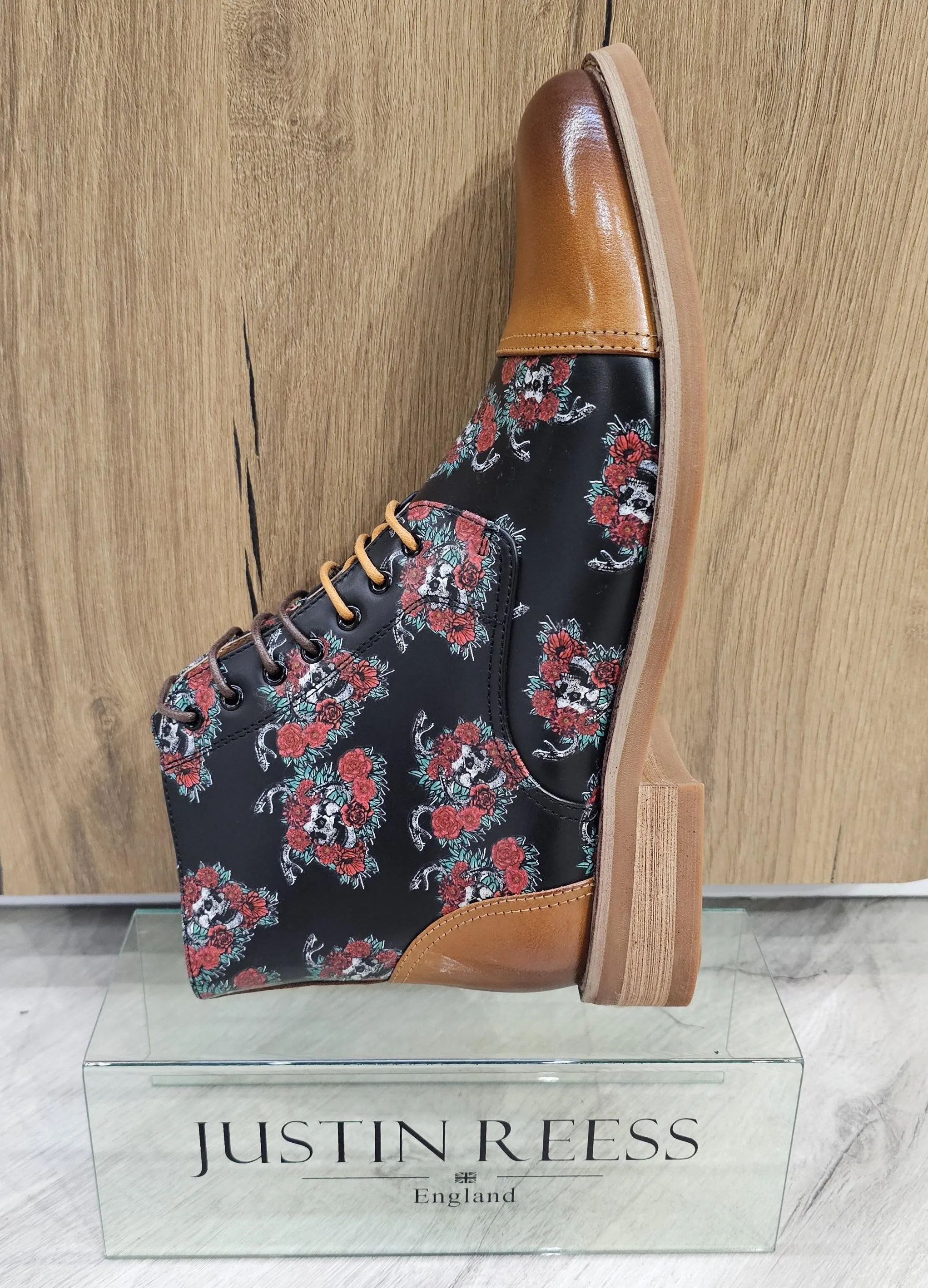 Adam Oxford Floral Skull Print Lace Up Leather Dress Ankle Boots