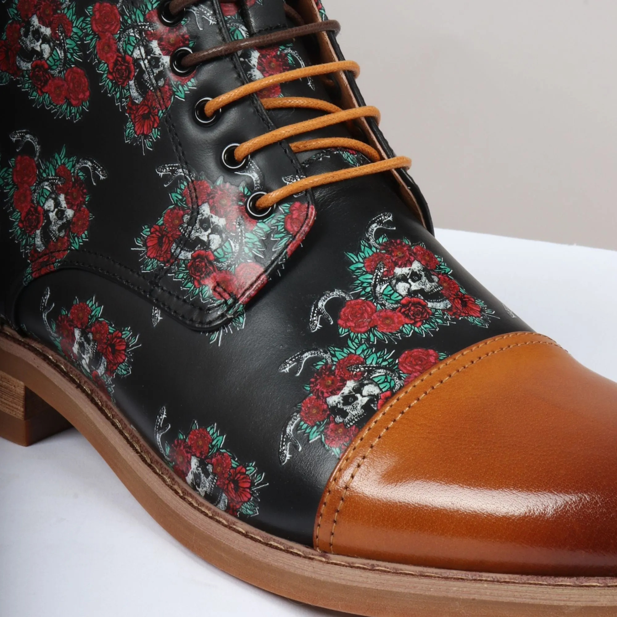 Adam Oxford Floral Skull Print Lace Up Leather Dress Ankle Boots