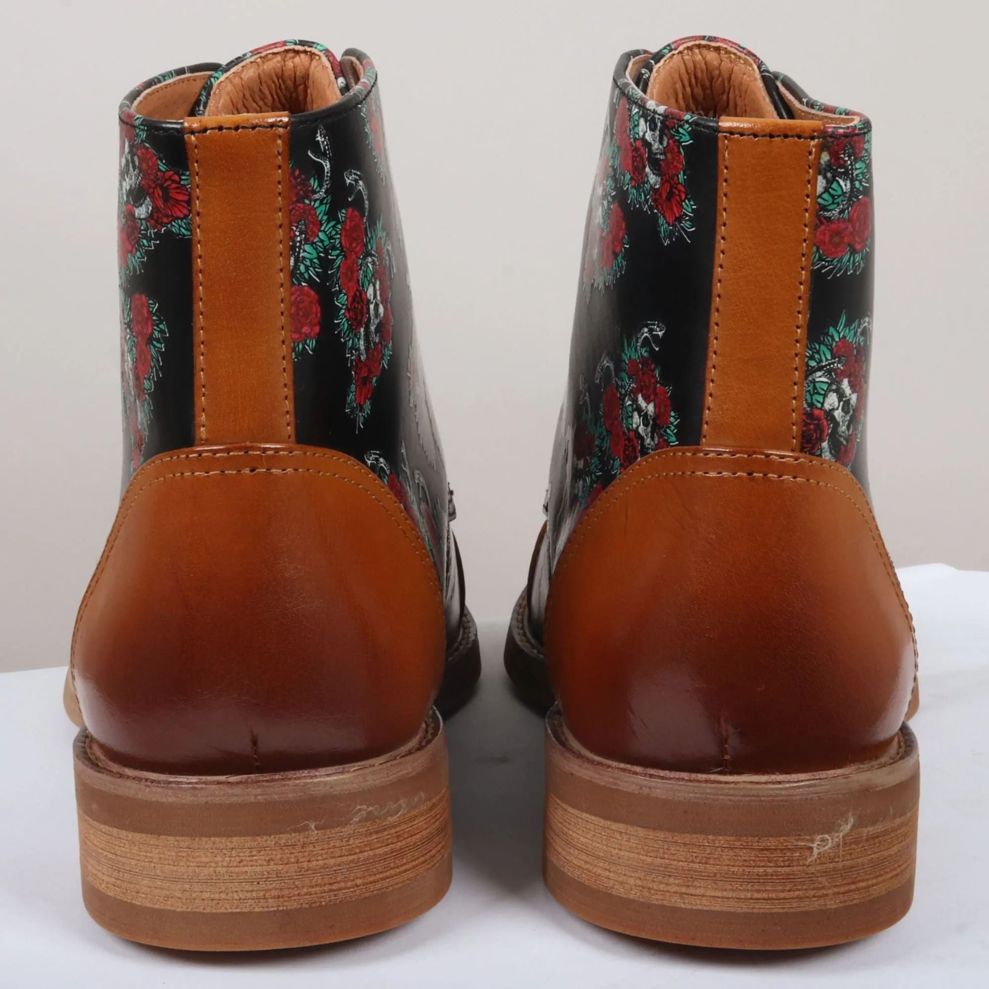 Adam Oxford Floral Skull Print Lace Up Leather Dress Ankle Boots