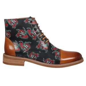 Adam Oxford Floral Skull Print Lace Up Leather Dress Ankle Boots