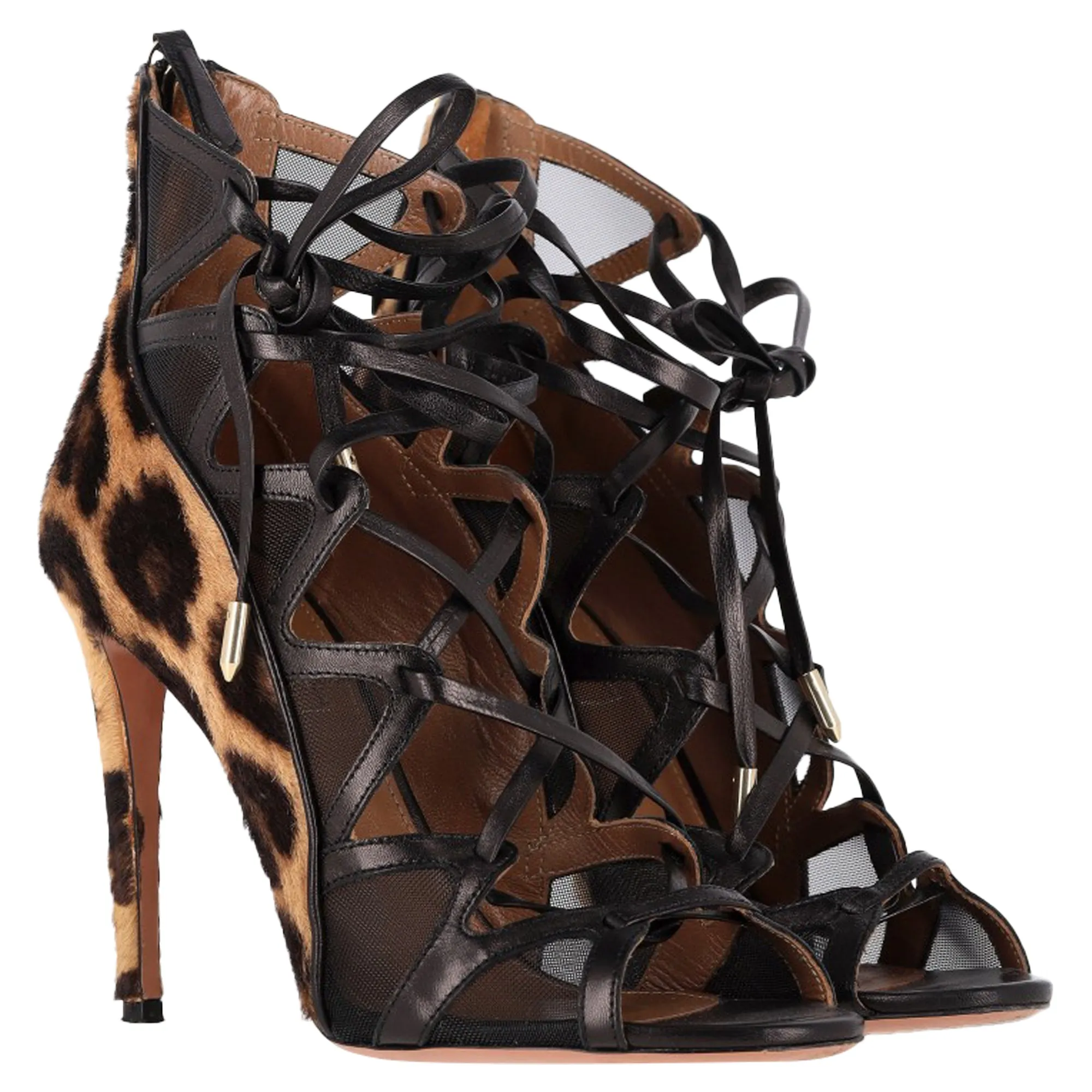 Aquazzura French Lover Leopard Print Sandals in Brown Pony Hair