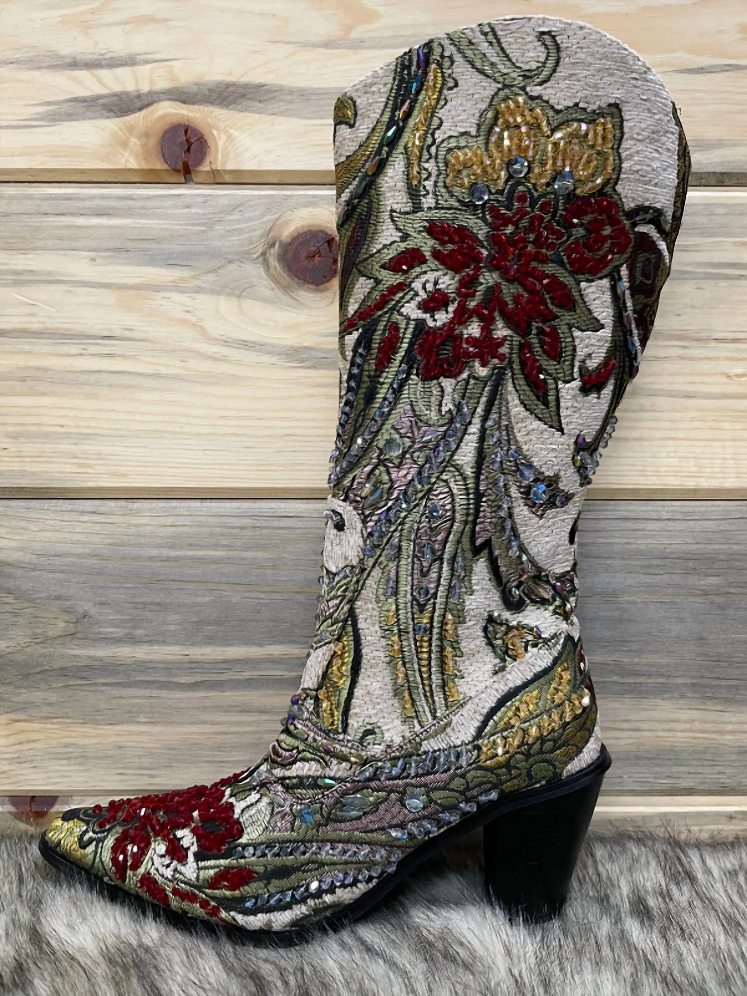 Crystal Embellished Boot In Beige