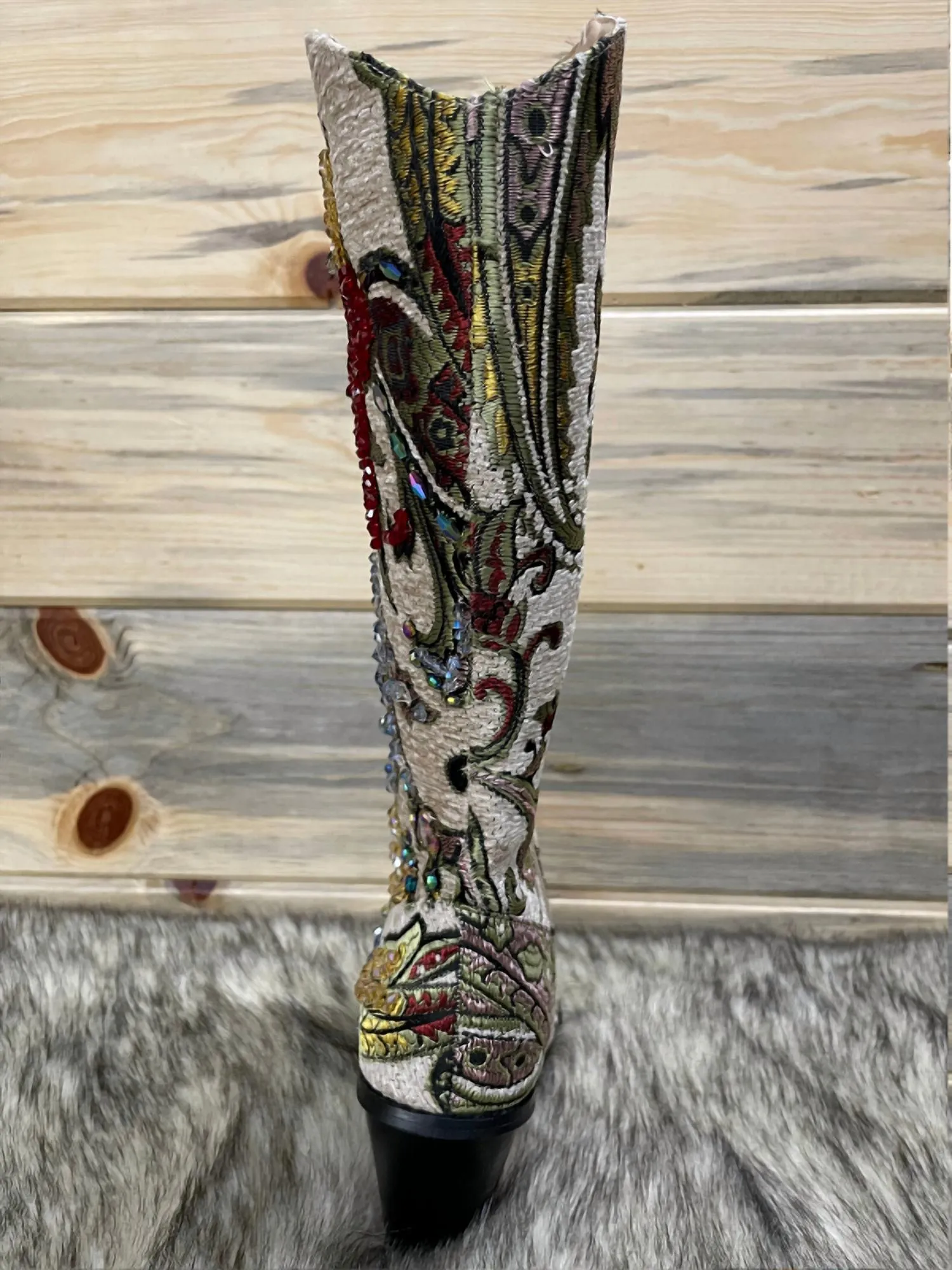 Crystal Embellished Boot In Beige