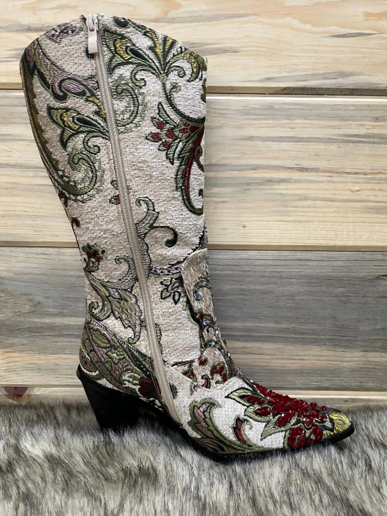 Crystal Embellished Boot In Beige