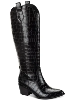Dollyy Womens Croc Texture Block Heel Knee-High Boots