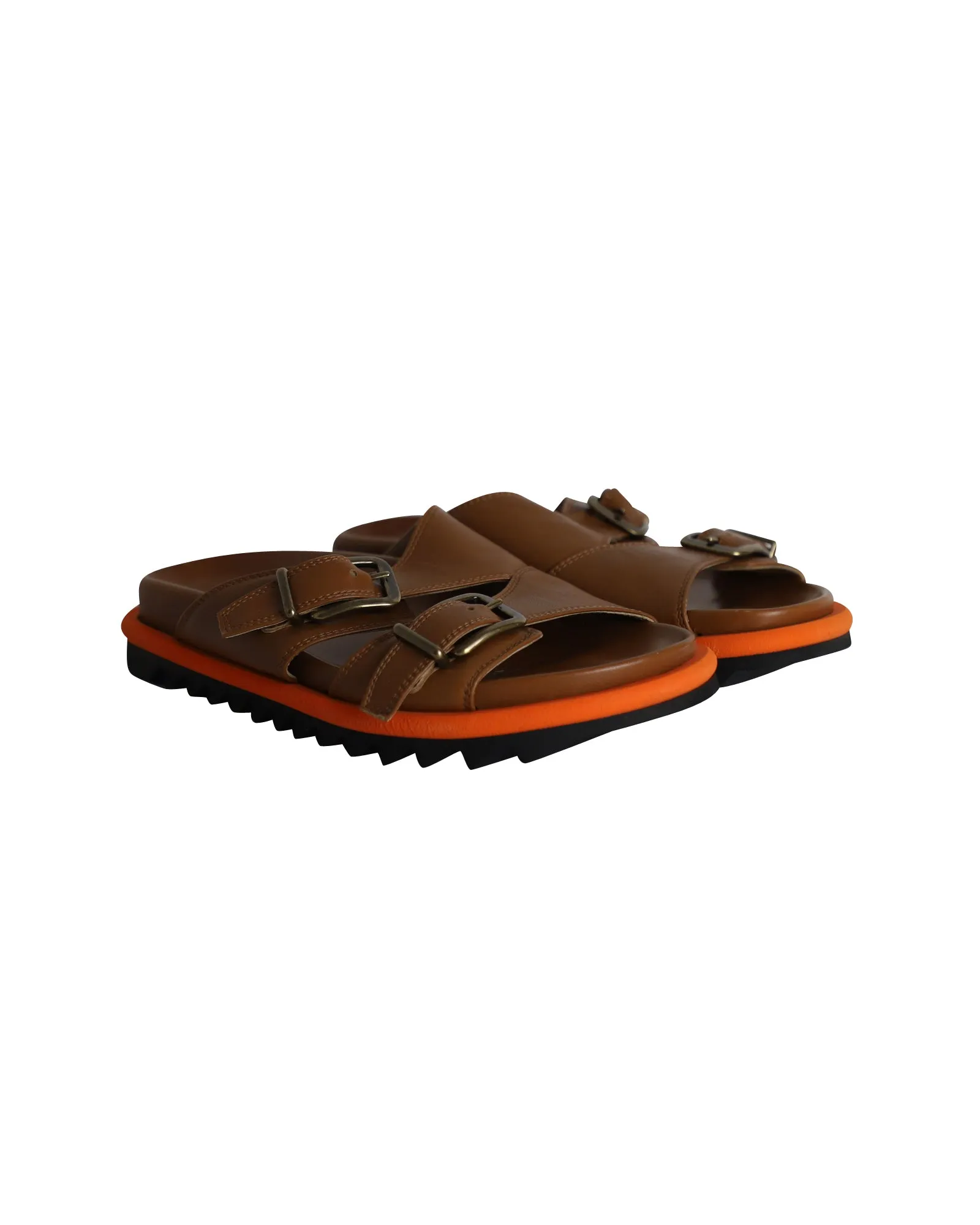 Dries Van Noten Buckled Slides in Tan Leather