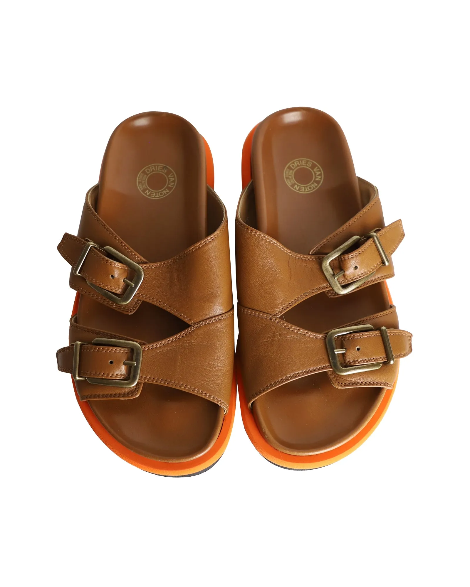 Dries Van Noten Buckled Slides in Tan Leather
