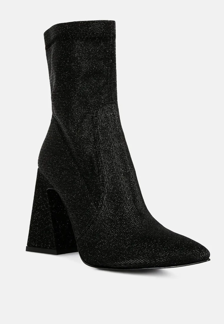 hustlers shimmer block heeled ankle boots