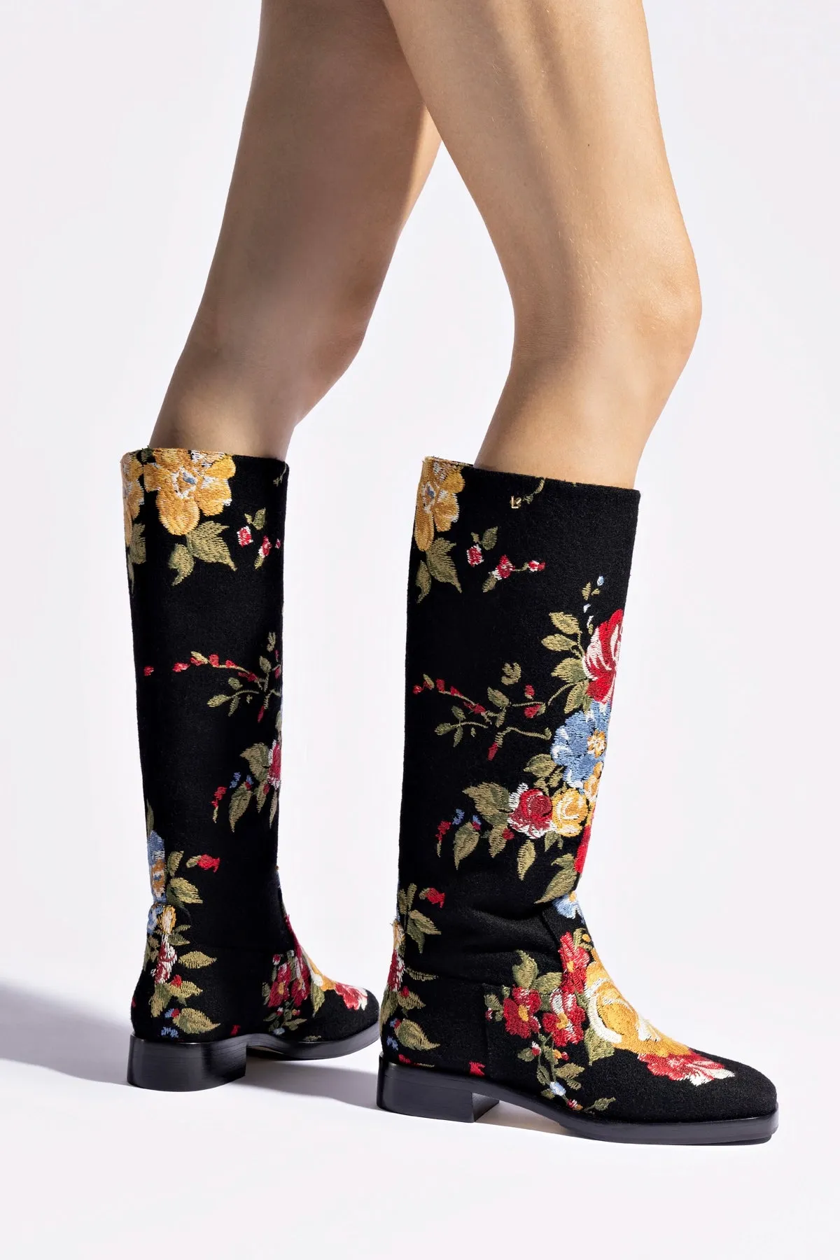Larroudé x Markarian Flat Boot In Black Wool and Floral Embroidery