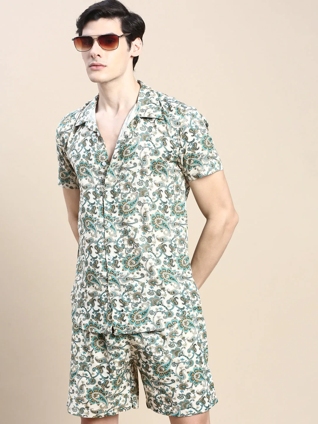 Men Beige Ethnic Motif Printed Co ord Set with Shorts