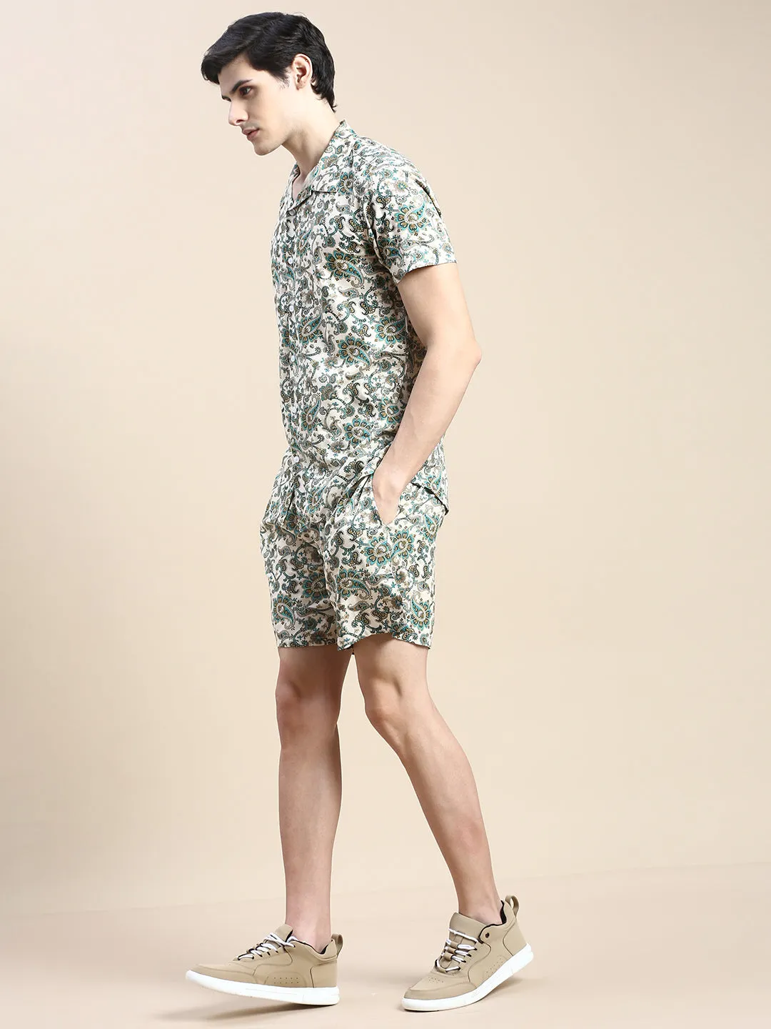 Men Beige Ethnic Motif Printed Co ord Set with Shorts