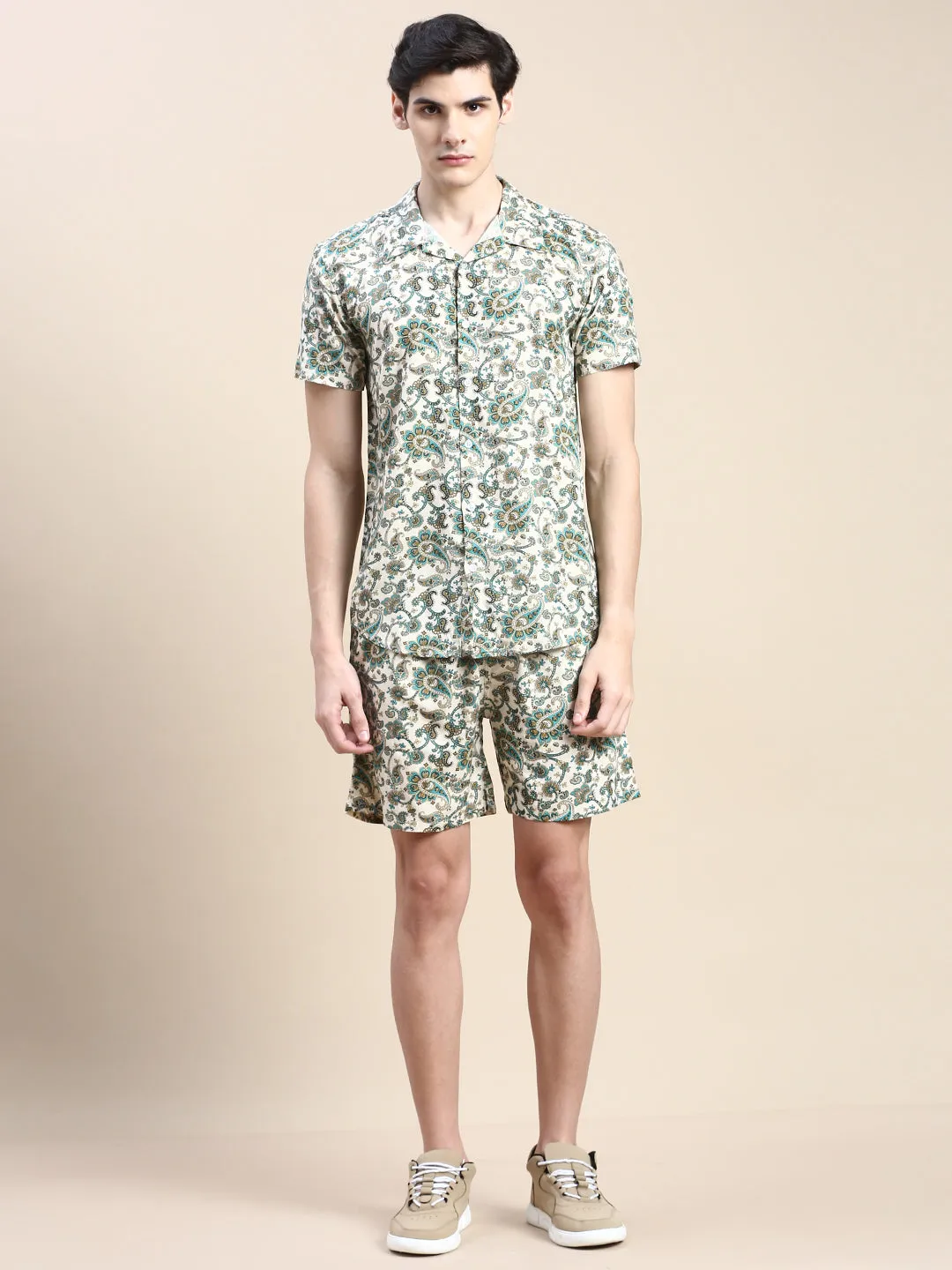 Men Beige Ethnic Motif Printed Co ord Set with Shorts