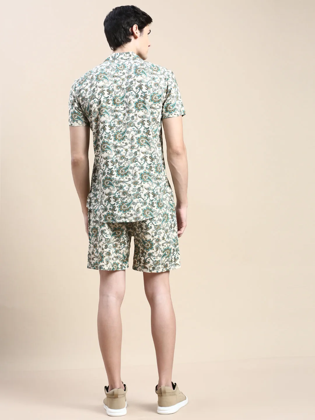 Men Beige Ethnic Motif Printed Co ord Set with Shorts