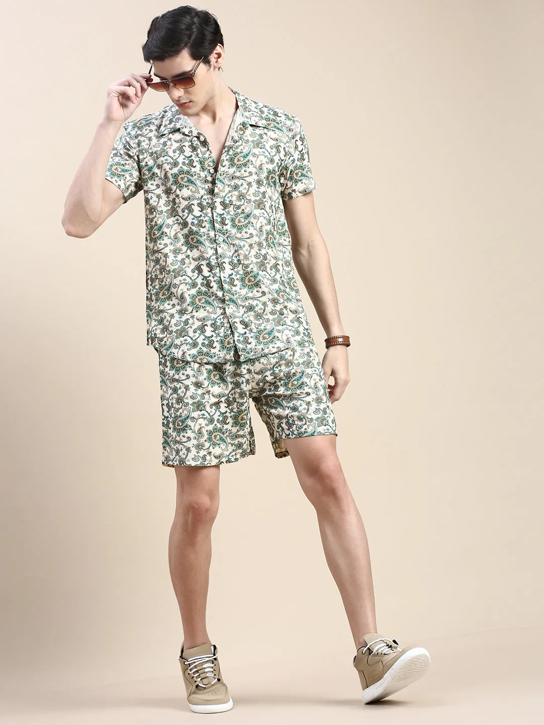 Men Beige Ethnic Motif Printed Co ord Set with Shorts