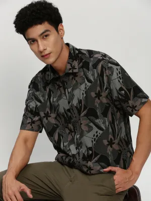 Men Black Premium Slim Fit Floral Printed Twill Weave Cotton Casual Shirt