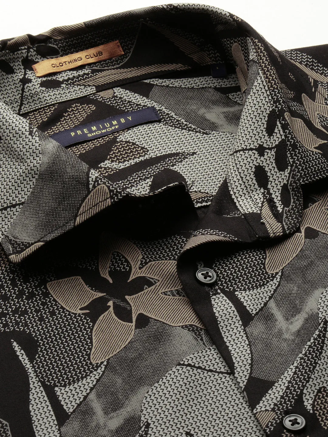 Men Black Premium Slim Fit Floral Printed Twill Weave Cotton Casual Shirt