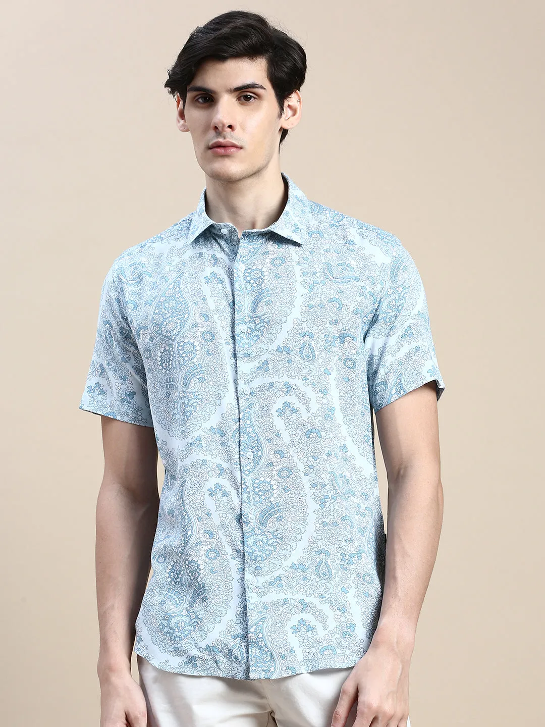 Men Blue Standard Slim Fit Floral Printed Cotton Casual Shirt