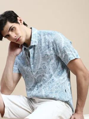 Men Blue Standard Slim Fit Floral Printed Cotton Casual Shirt