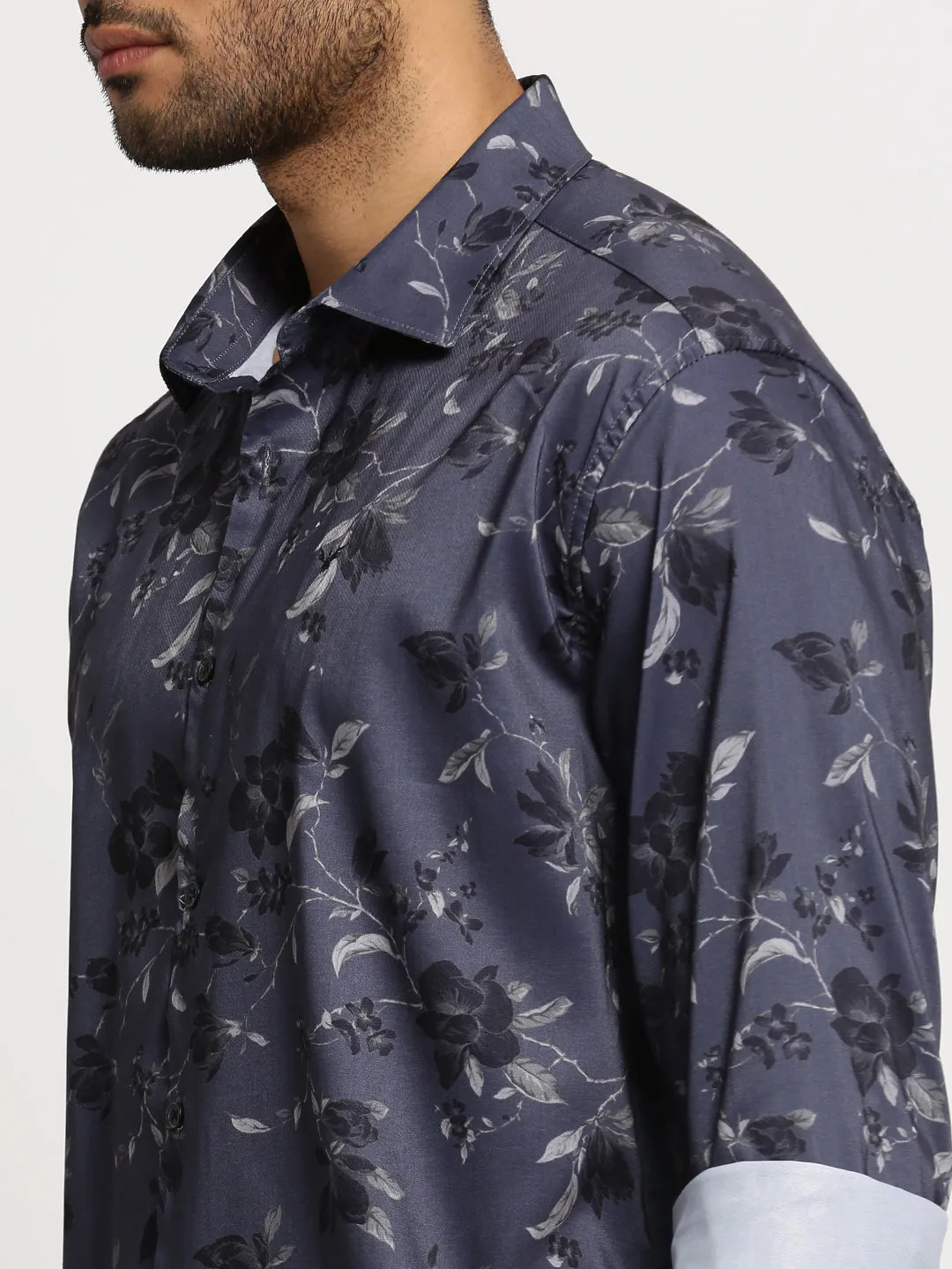 Men Grey Standard Slim Fit Floral Printed Cotton Casual Shirt