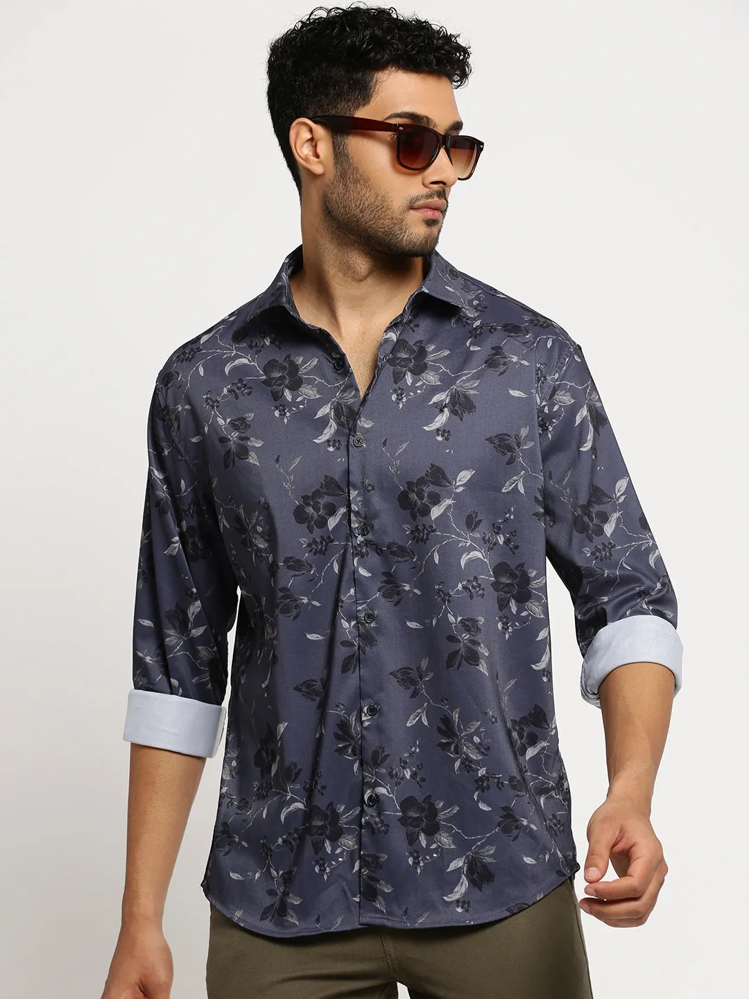 Men Grey Standard Slim Fit Floral Printed Cotton Casual Shirt