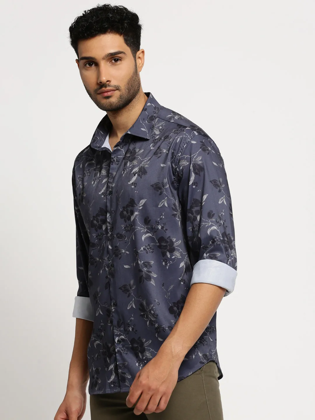Men Grey Standard Slim Fit Floral Printed Cotton Casual Shirt