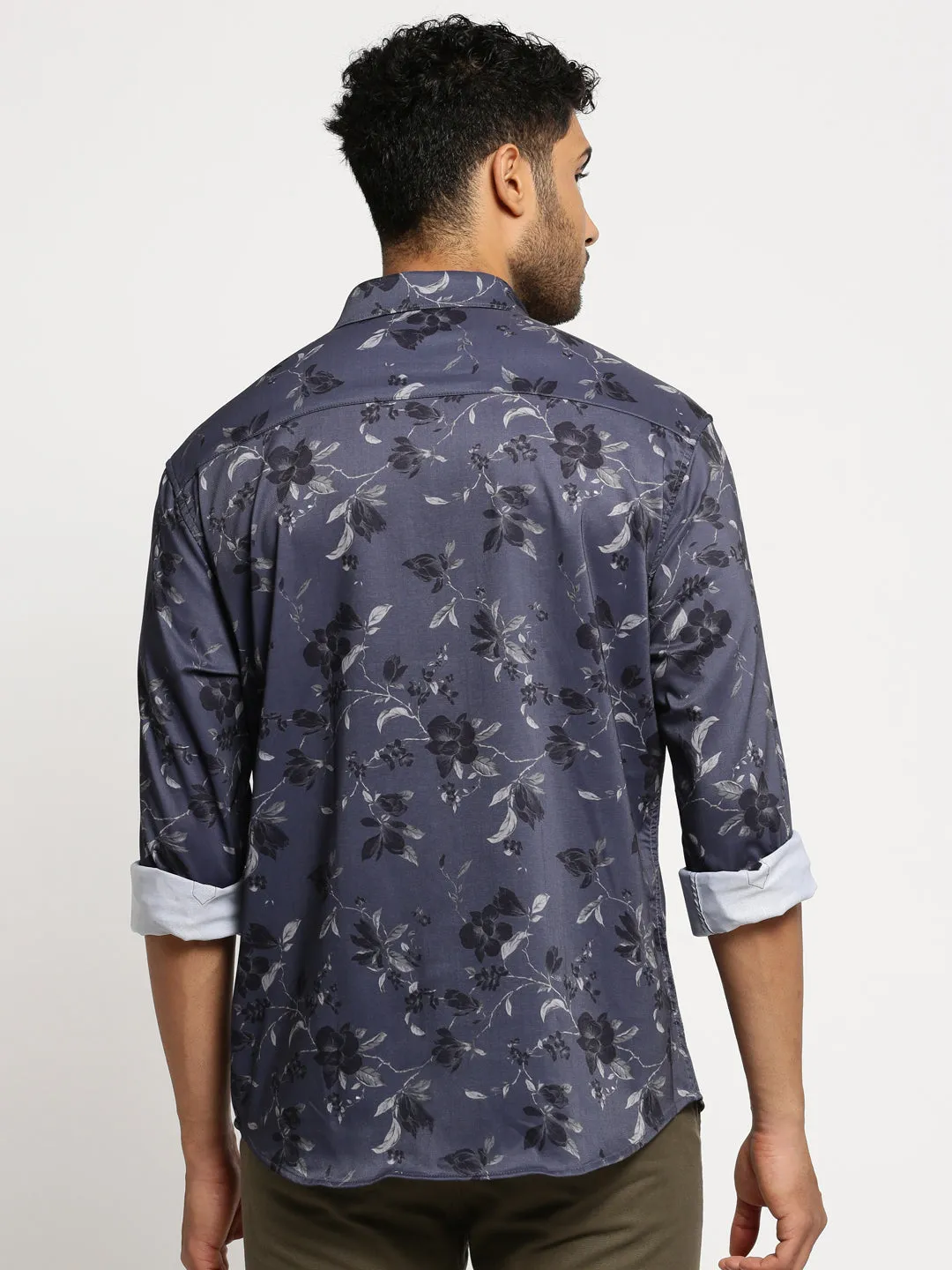 Men Grey Standard Slim Fit Floral Printed Cotton Casual Shirt