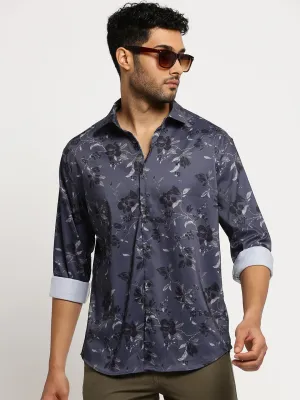Men Grey Standard Slim Fit Floral Printed Cotton Casual Shirt
