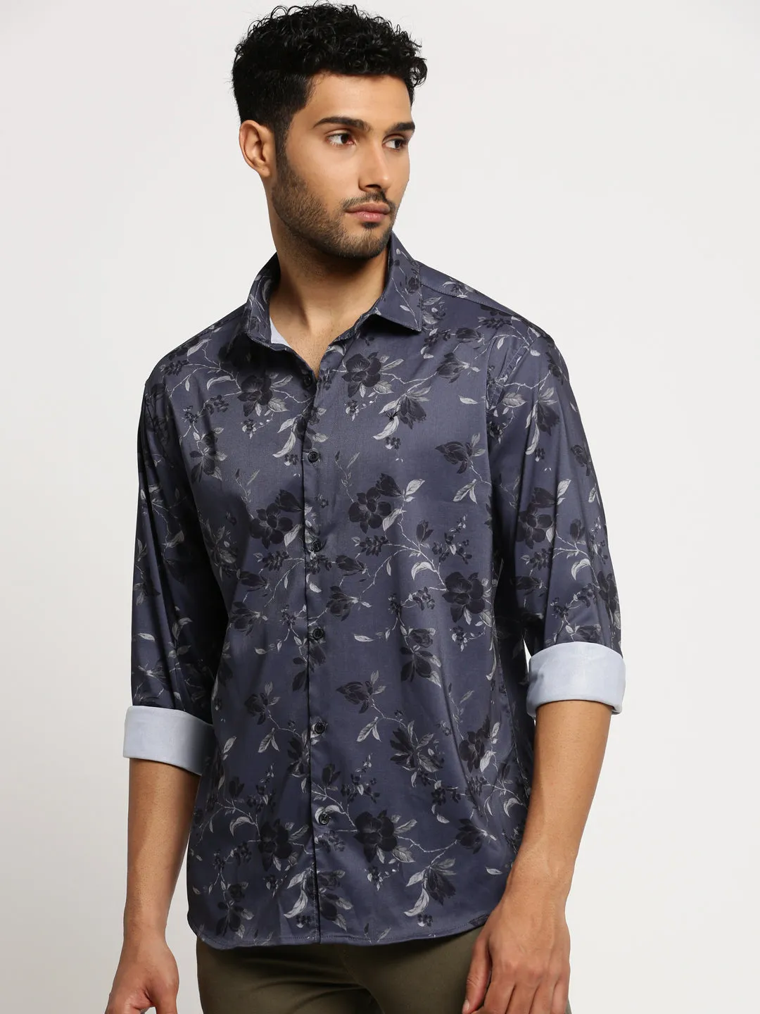 Men Grey Standard Slim Fit Floral Printed Cotton Casual Shirt