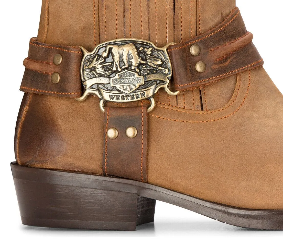 Mens Leather Cowboy Ankle Boots Brown Tan Biker Western Square Toe Hunting Boot