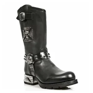 New Rock Men's Black Leather Gothic Cowboy Boots- MR030-S1