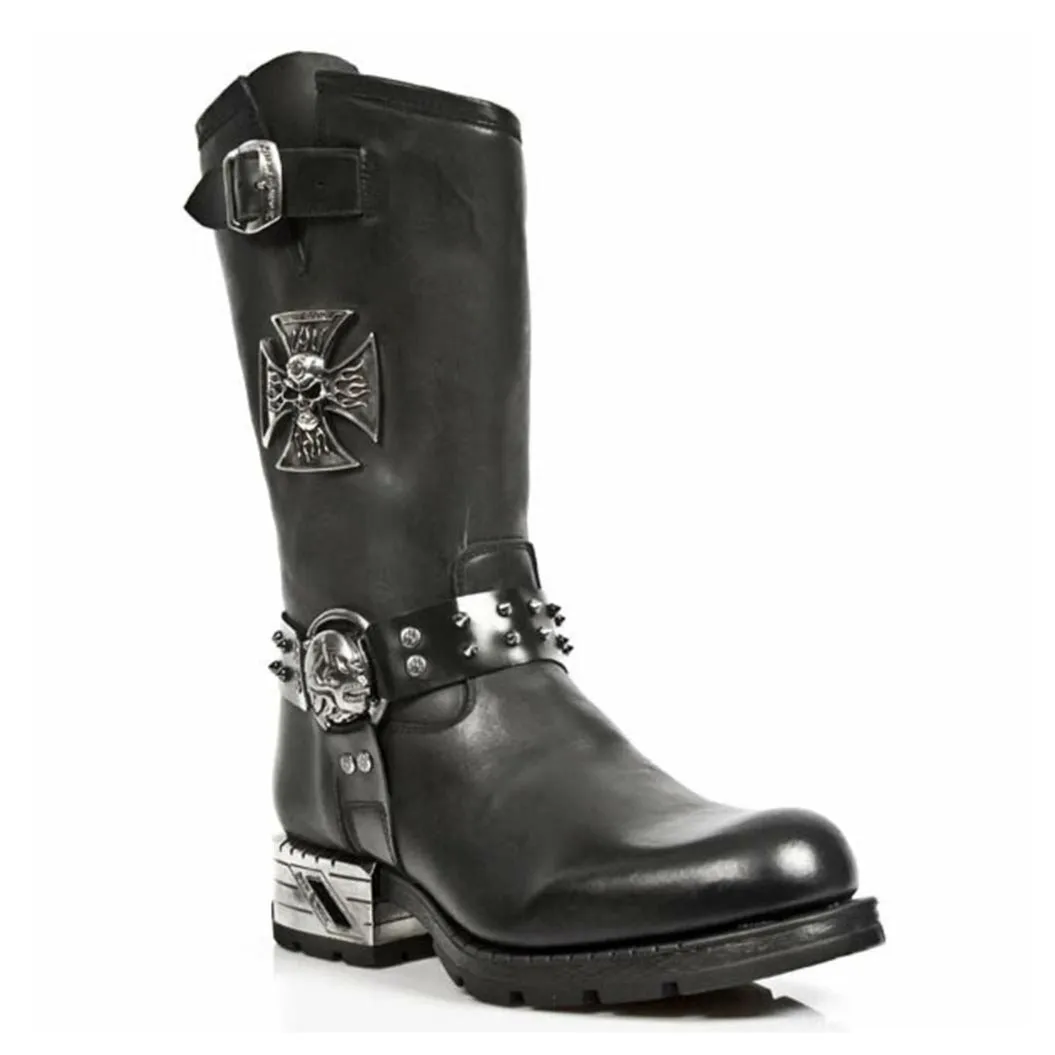 New Rock Men's Black Leather Gothic Cowboy Boots- MR030-S1