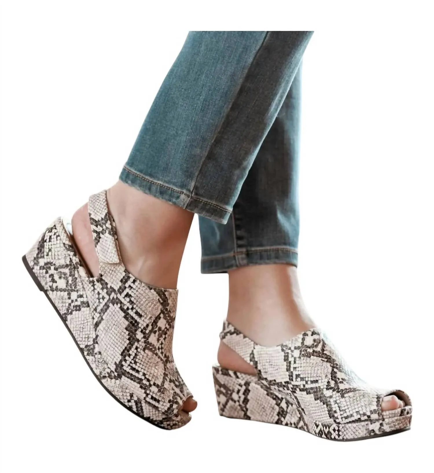 Women's Peep Wedge Sandals In White Snake